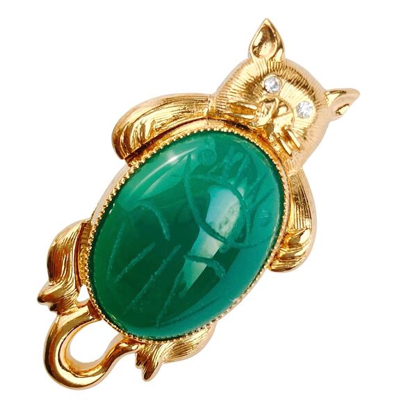 Vintage Jewelry - Vintage Scarab Cat Brooch Green Glass 1970s Insect Egyptian Revival Figural Pin